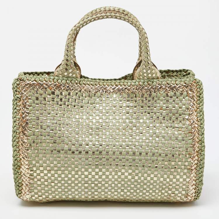 Pre Owned Prada Gold/Green Wowen Madras Leather Tote