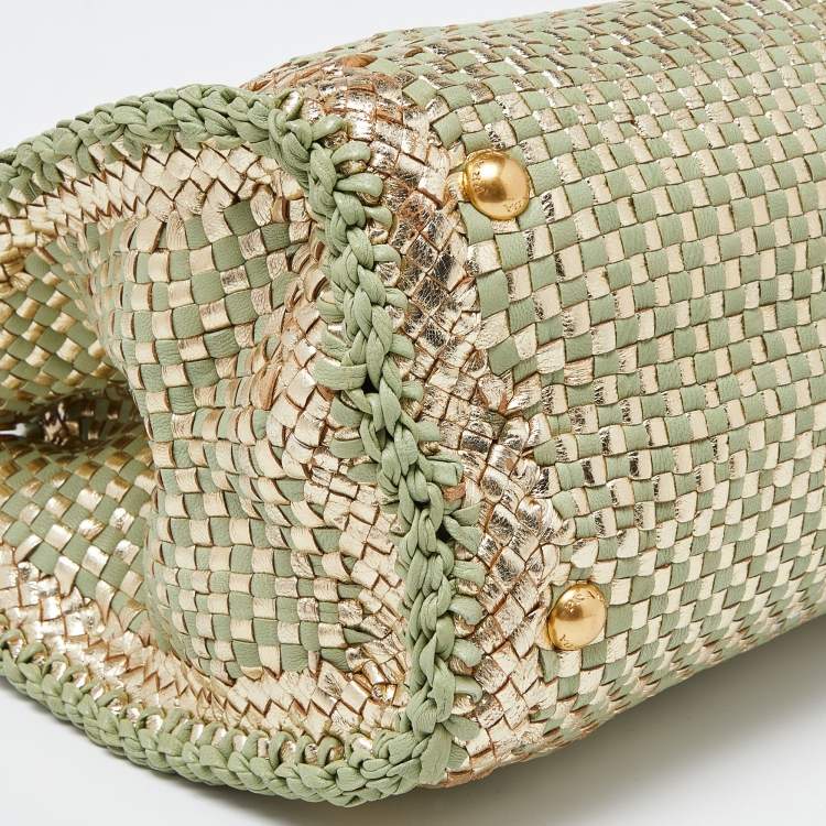 Pre Owned Prada Gold/Green Wowen Madras Leather Tote