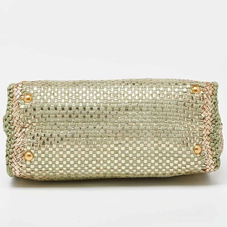 Pre Owned Prada Gold/Green Wowen Madras Leather Tote