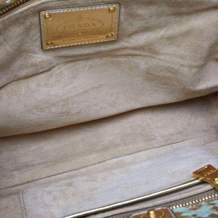 Pre Owned Prada Gold/Green Wowen Madras Leather Tote