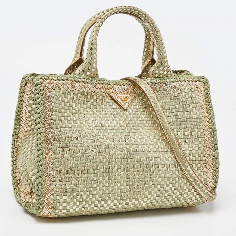 Pre Owned Prada Gold/Green Wowen Madras Leather Tote
