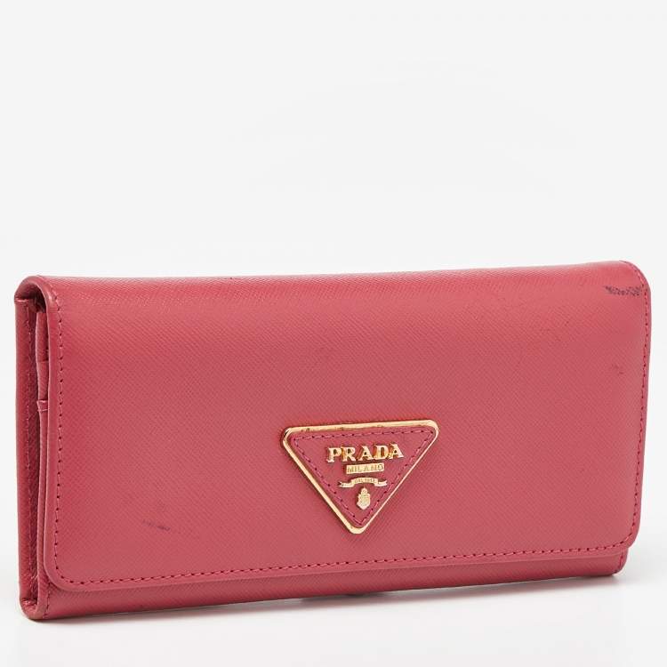 Pre Owned Prada Pink Saffiano Metal Leather Triangular Logo Flap Wallet