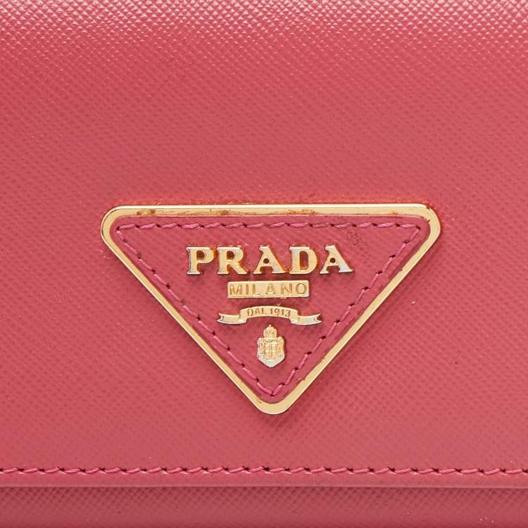 Pre Owned Prada Pink Saffiano Metal Leather Triangular Logo Flap Wallet