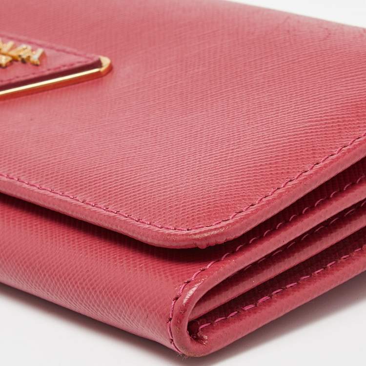 Pre Owned Prada Pink Saffiano Metal Leather Triangular Logo Flap Wallet