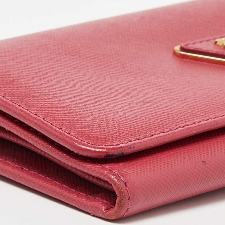 Pre Owned Prada Pink Saffiano Metal Leather Triangular Logo Flap Wallet