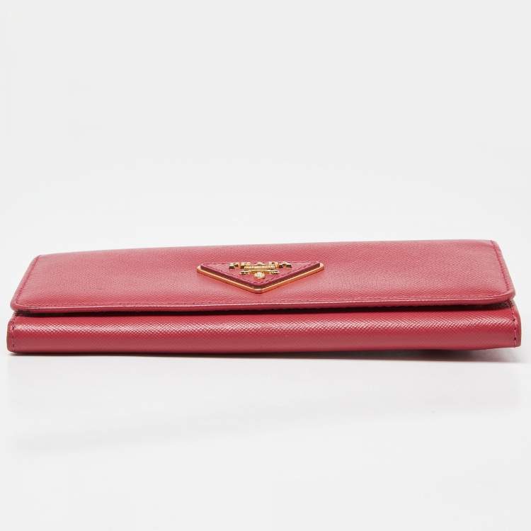 Pre Owned Prada Pink Saffiano Metal Leather Triangular Logo Flap Wallet