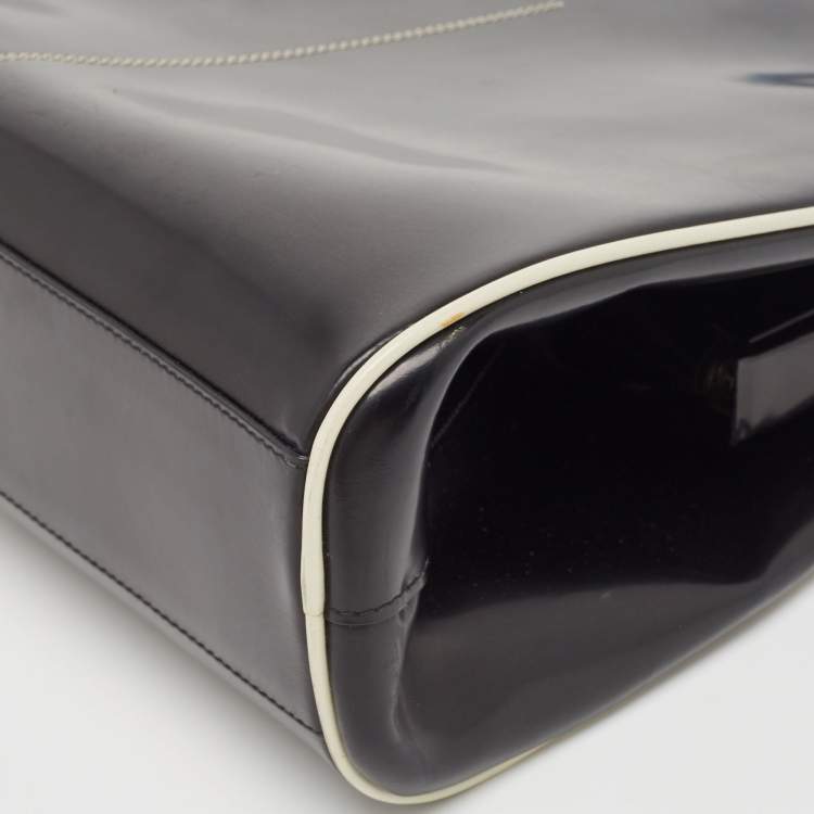 Prada Black/White Patent Leather Frame Top Handle Bag