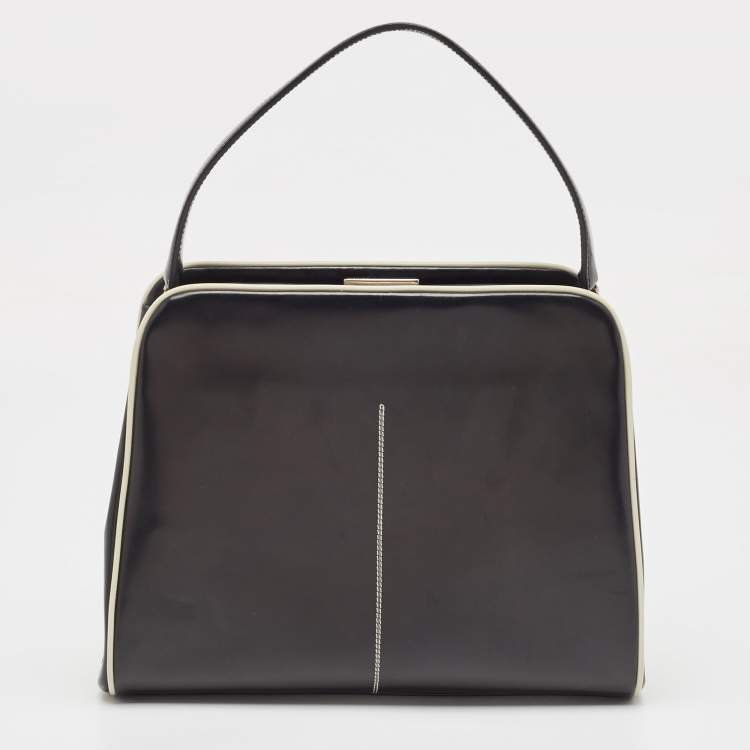 Prada Black/White Patent Leather Frame Top Handle Bag