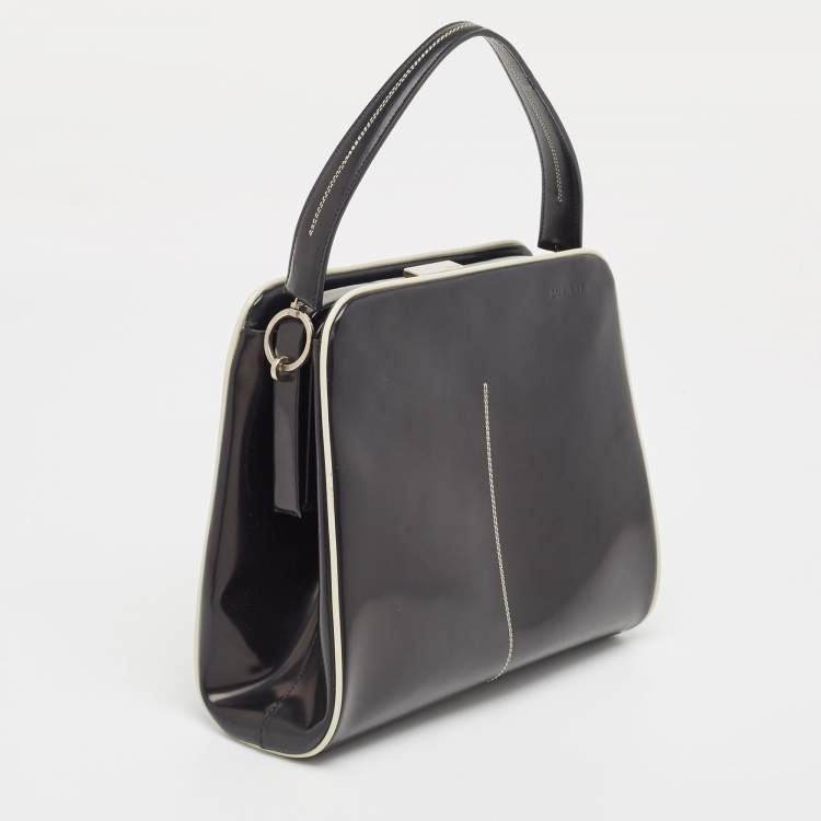 Prada Black/White Patent Leather Frame Top Handle Bag