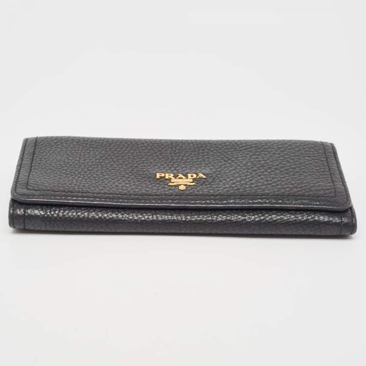 Pre Owned Prada Black Vitello Daino Leather Logo Flap Continental Wallet