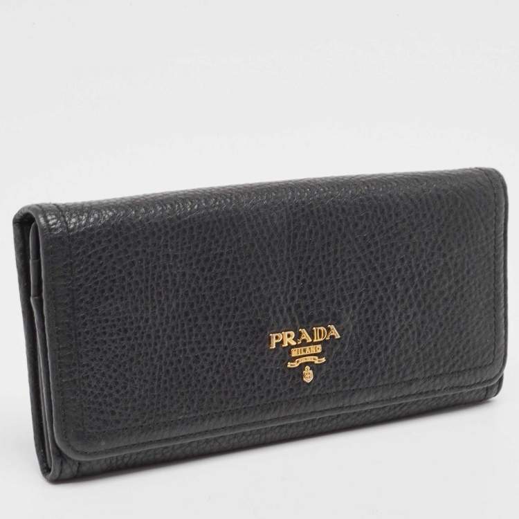 Pre Owned Prada Black Vitello Daino Leather Logo Flap Continental Wallet