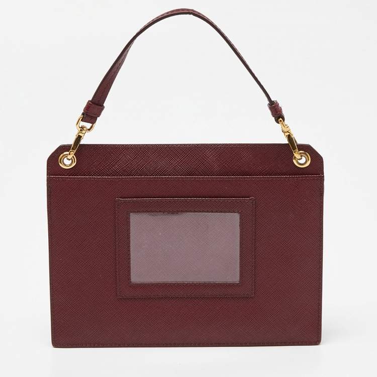 Pre Owned Prada Burgundy Saffiano Lux Leather Flap Top Handle Bag