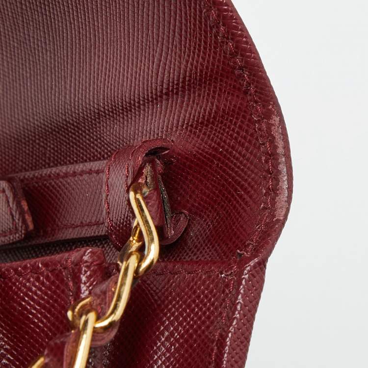 Pre Owned Prada Dark Red Saffiano Metal Leather Wallet On Chain
