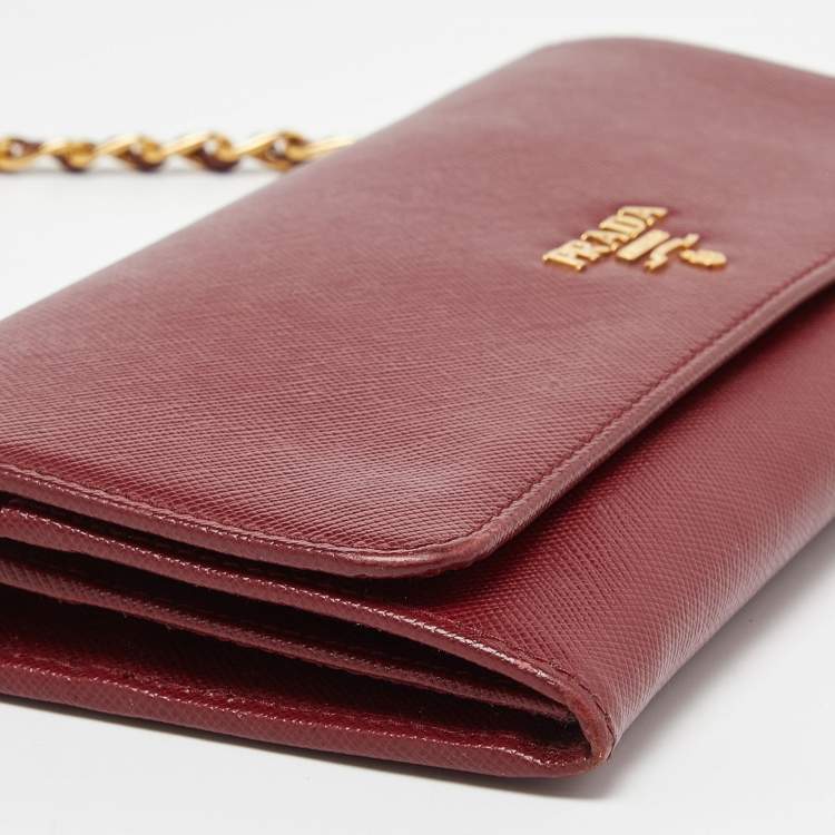 Pre Owned Prada Dark Red Saffiano Metal Leather Wallet On Chain