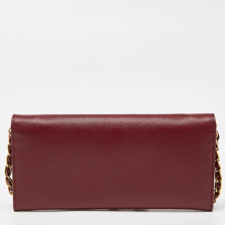 Pre Owned Prada Dark Red Saffiano Metal Leather Wallet On Chain