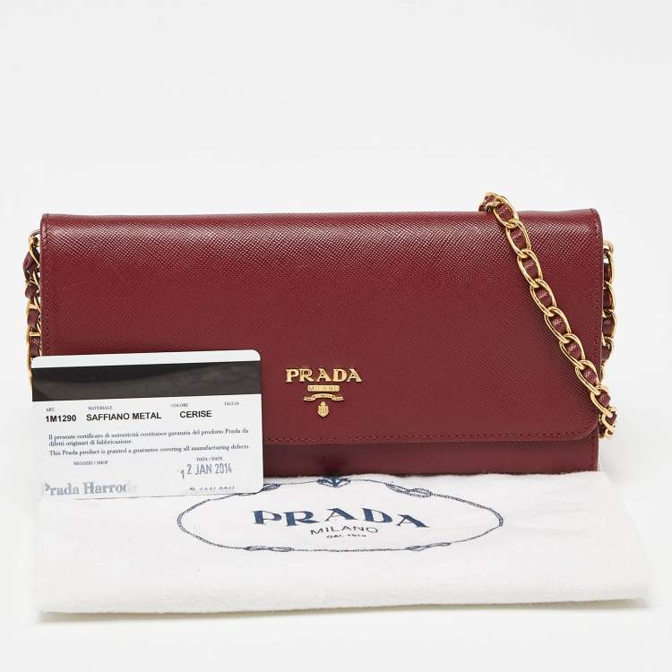 Pre Owned Prada Dark Red Saffiano Metal Leather Wallet On Chain