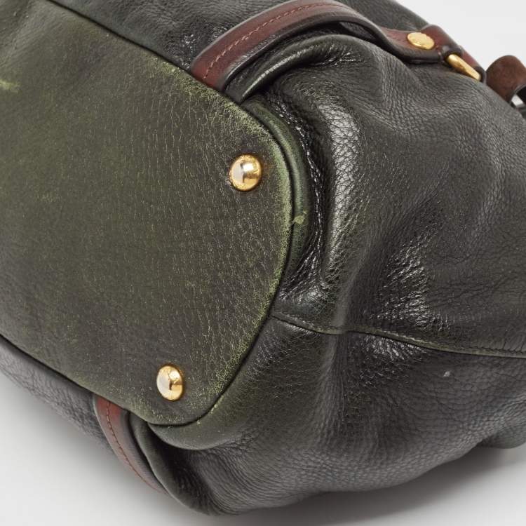 Pre Owned Prada Dark Green/Brown Vitello Daino Leather Buckle Hobo 