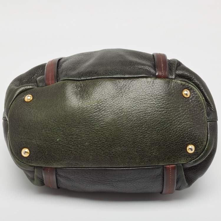 Pre Owned Prada Dark Green/Brown Vitello Daino Leather Buckle Hobo 