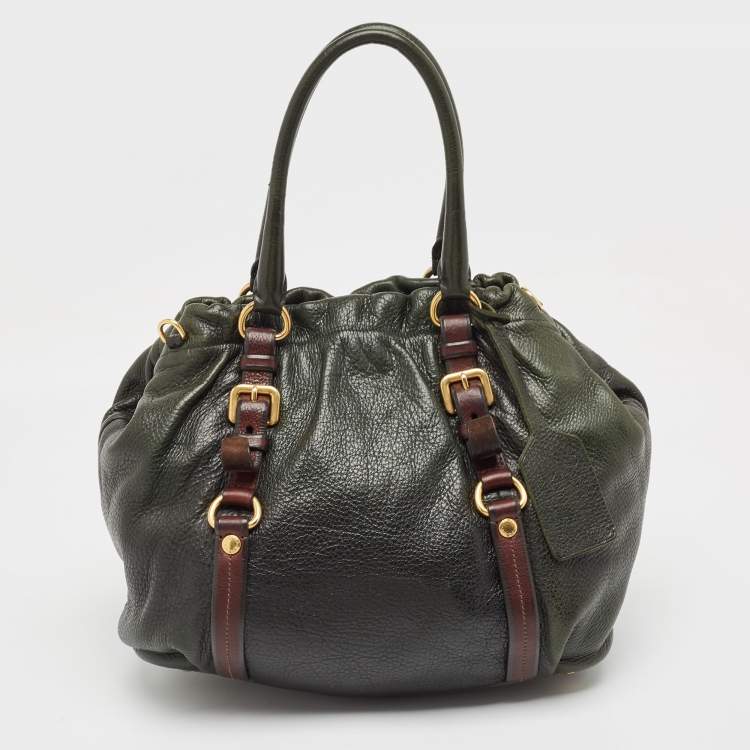 Pre Owned Prada Dark Green/Brown Vitello Daino Leather Buckle Hobo 