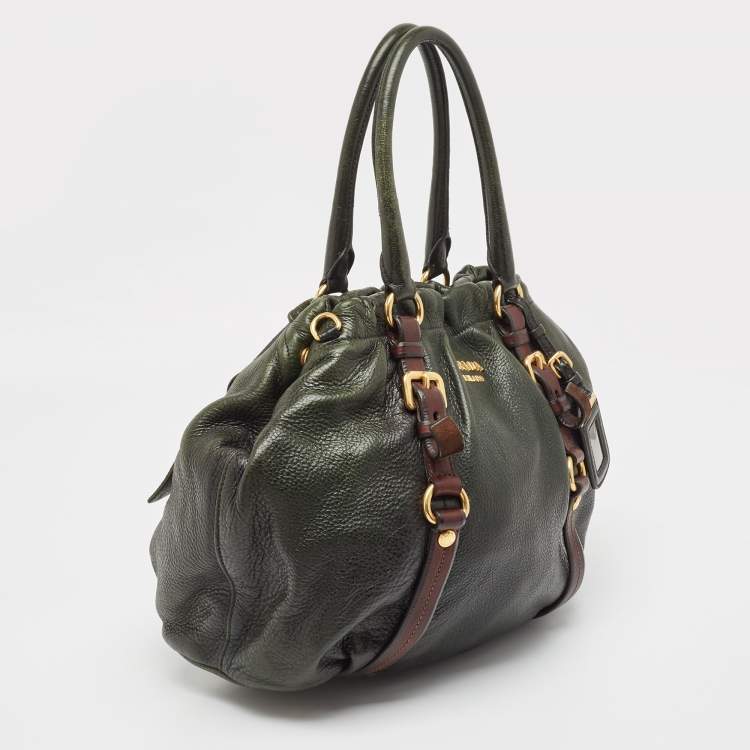 Pre Owned Prada Dark Green/Brown Vitello Daino Leather Buckle Hobo 