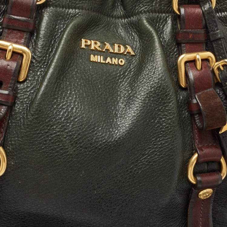Pre Owned Prada Dark Green/Brown Vitello Daino Leather Buckle Hobo 