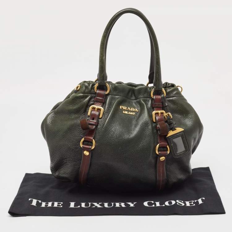 Pre Owned Prada Dark Green/Brown Vitello Daino Leather Buckle Hobo 