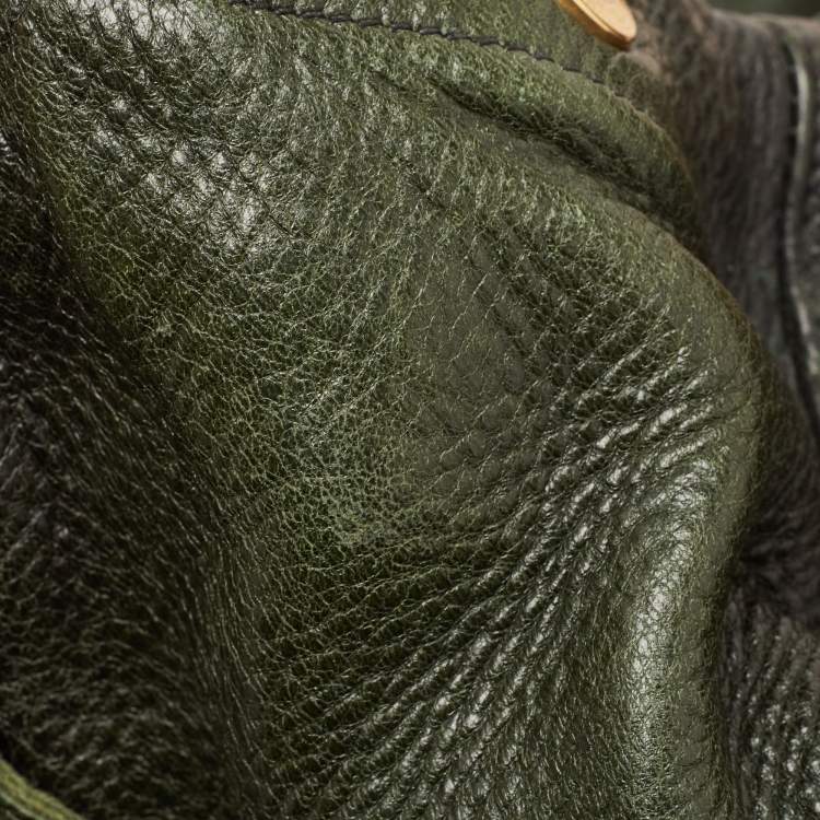 Pre Owned Prada Dark Green/Brown Vitello Daino Leather Buckle Hobo 