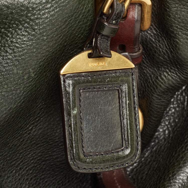 Pre Owned Prada Dark Green/Brown Vitello Daino Leather Buckle Hobo 