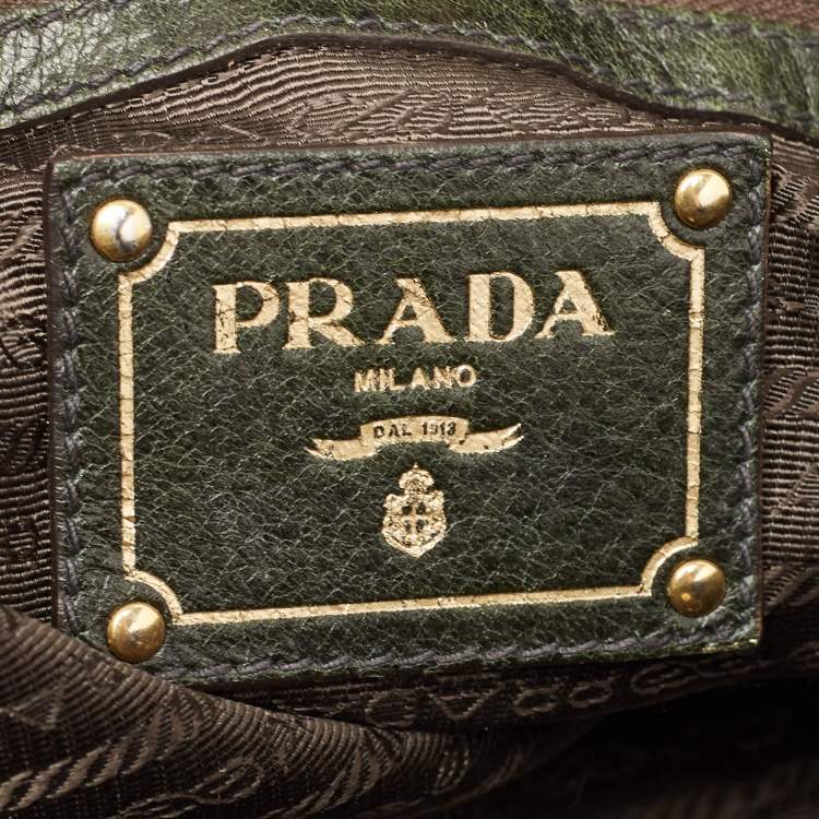 Pre Owned Prada Dark Green/Brown Vitello Daino Leather Buckle Hobo 