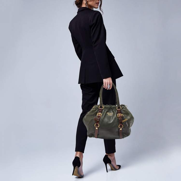 Pre Owned Prada Dark Green/Brown Vitello Daino Leather Buckle Hobo 
