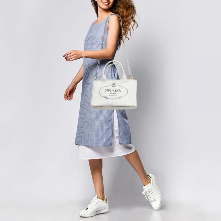 Pre Owned Prada Grey/Black Denim Canapa Tote