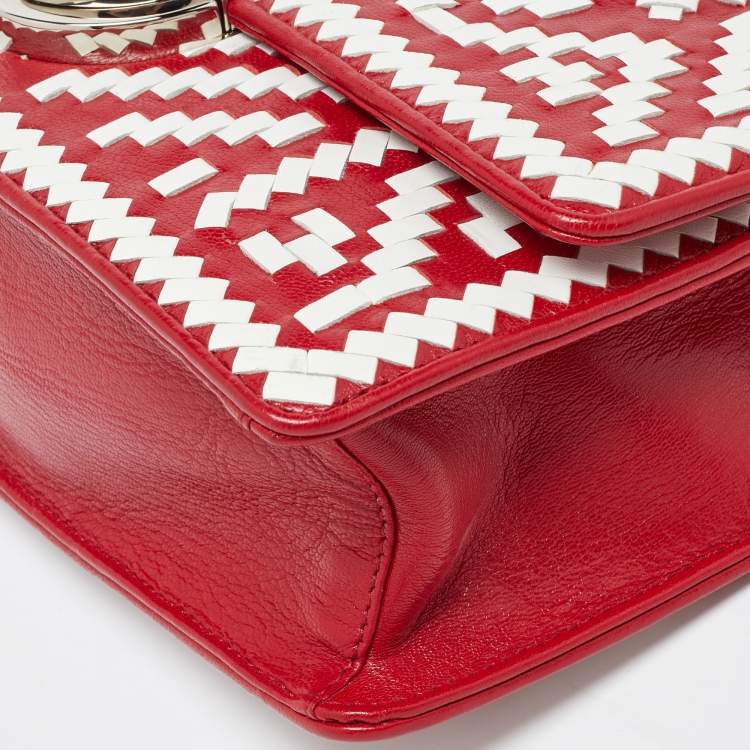 Pre Owned Prada Red/White Madras Woven Leather Pushlock Flap Bag