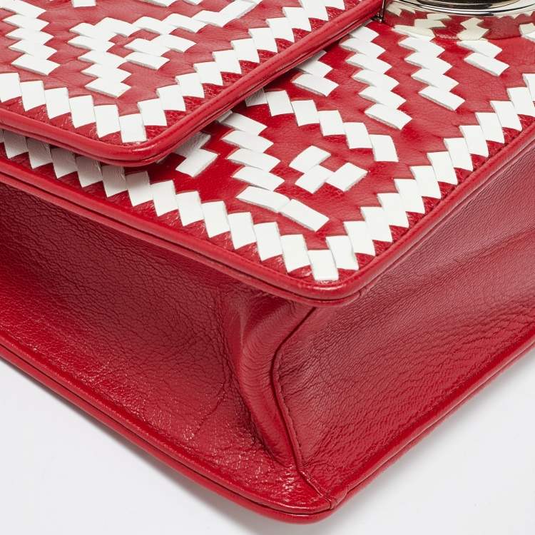 Pre Owned Prada Red/White Madras Woven Leather Pushlock Flap Bag