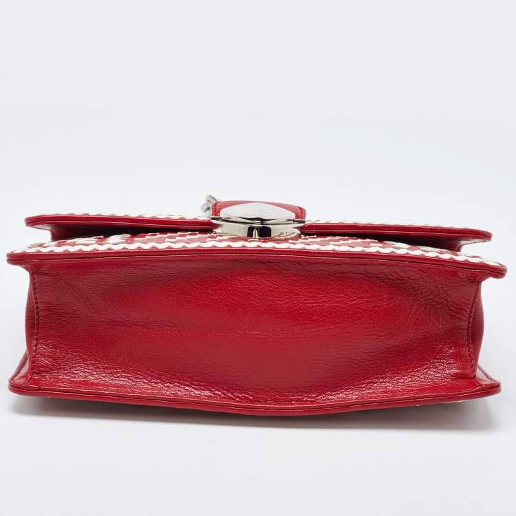 Pre Owned Prada Red/White Madras Woven Leather Pushlock Flap Bag