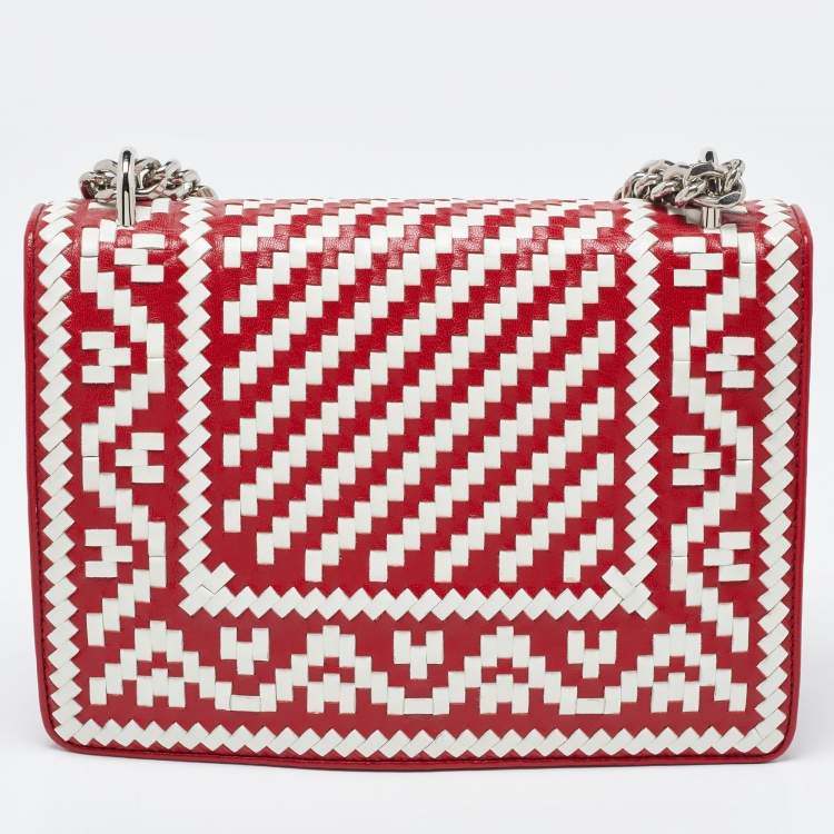 Pre Owned Prada Red/White Madras Woven Leather Pushlock Flap Bag