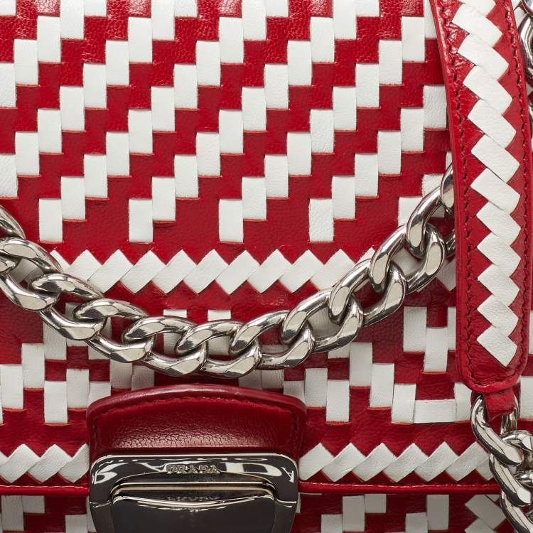 Pre Owned Prada Red/White Madras Woven Leather Pushlock Flap Bag