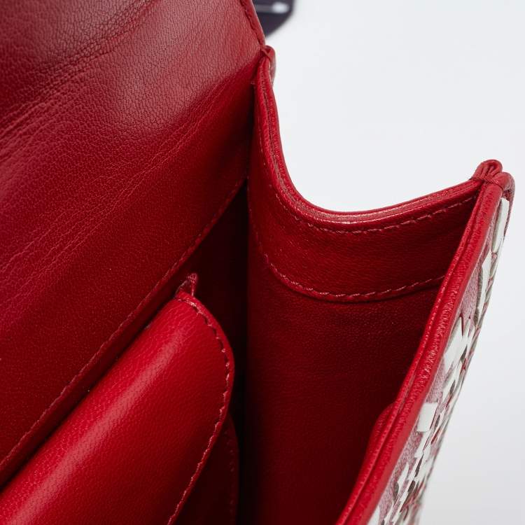 Pre Owned Prada Red/White Madras Woven Leather Pushlock Flap Bag