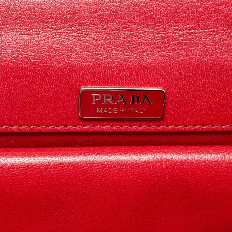 Pre Owned Prada Red/White Madras Woven Leather Pushlock Flap Bag