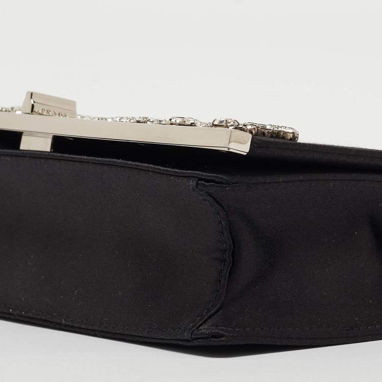 Pre Owned Prada Black Satin Crystals Embellished Flap Chain Clutch