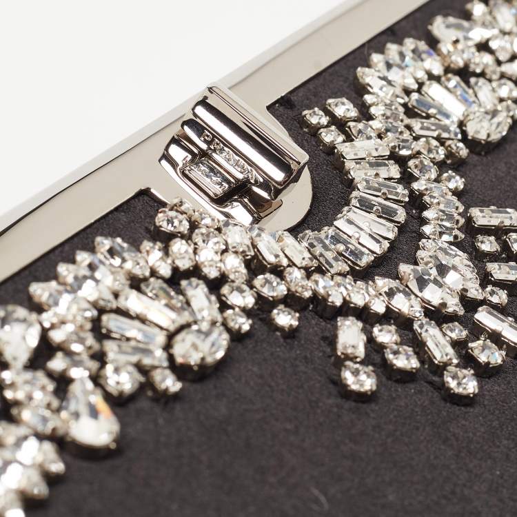 Pre Owned Prada Black Satin Crystals Embellished Flap Chain Clutch