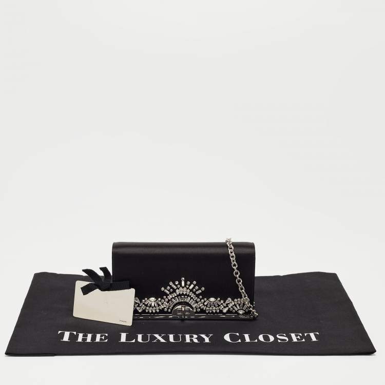 Pre Owned Prada Black Satin Crystals Embellished Flap Chain Clutch
