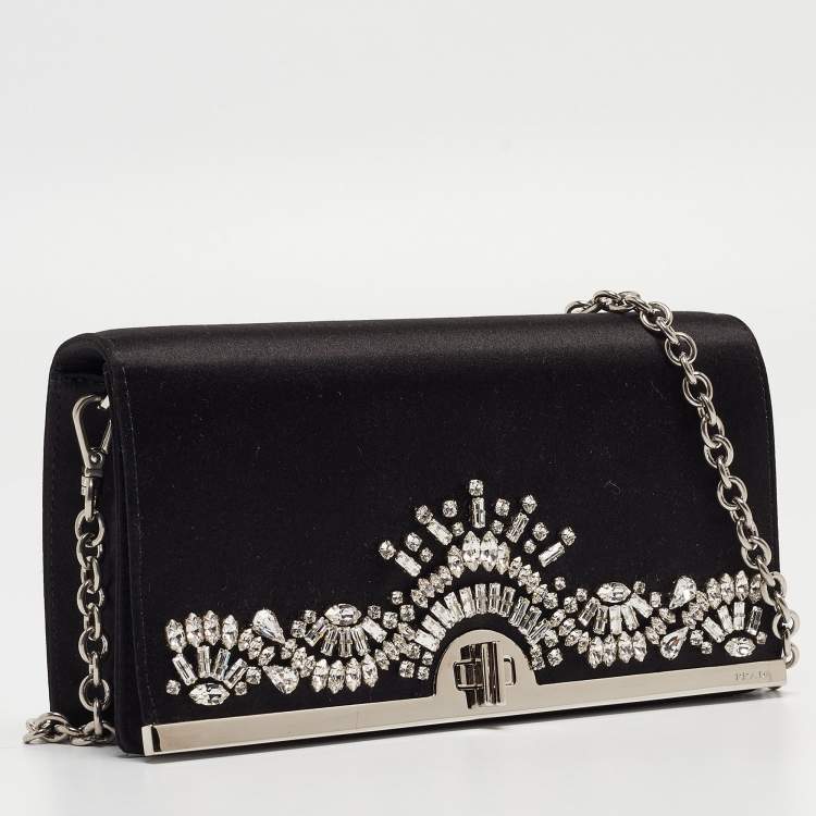 Pre Owned Prada Black Satin Crystals Embellished Flap Chain Clutch