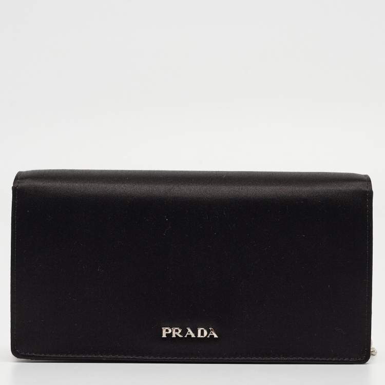Pre Owned Prada Black Satin Crystals Embellished Flap Chain Clutch