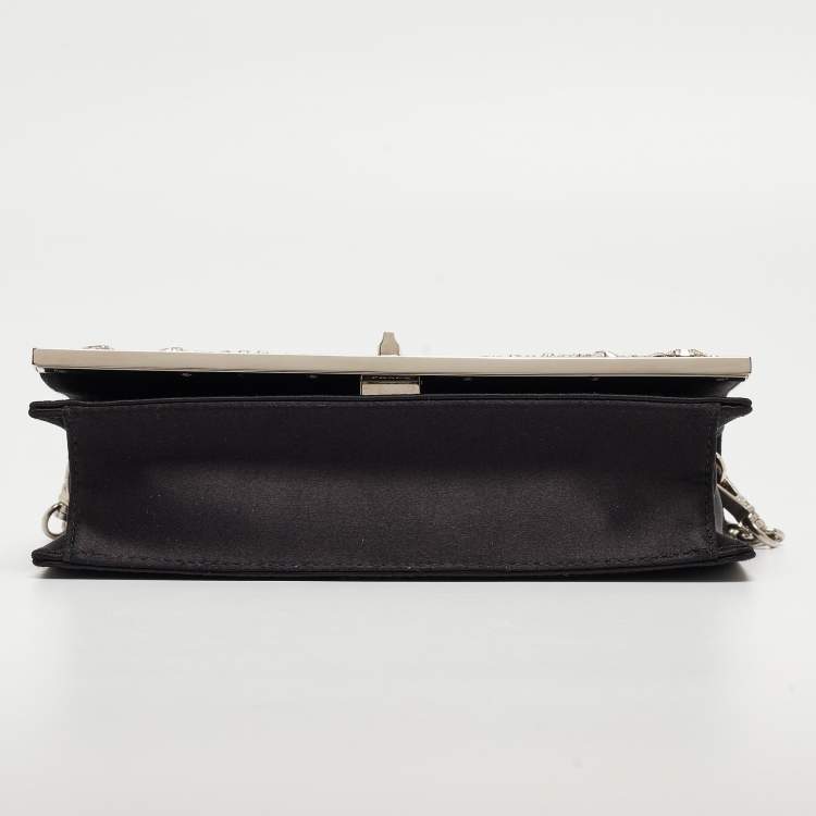 Pre Owned Prada Black Satin Crystals Embellished Flap Chain Clutch