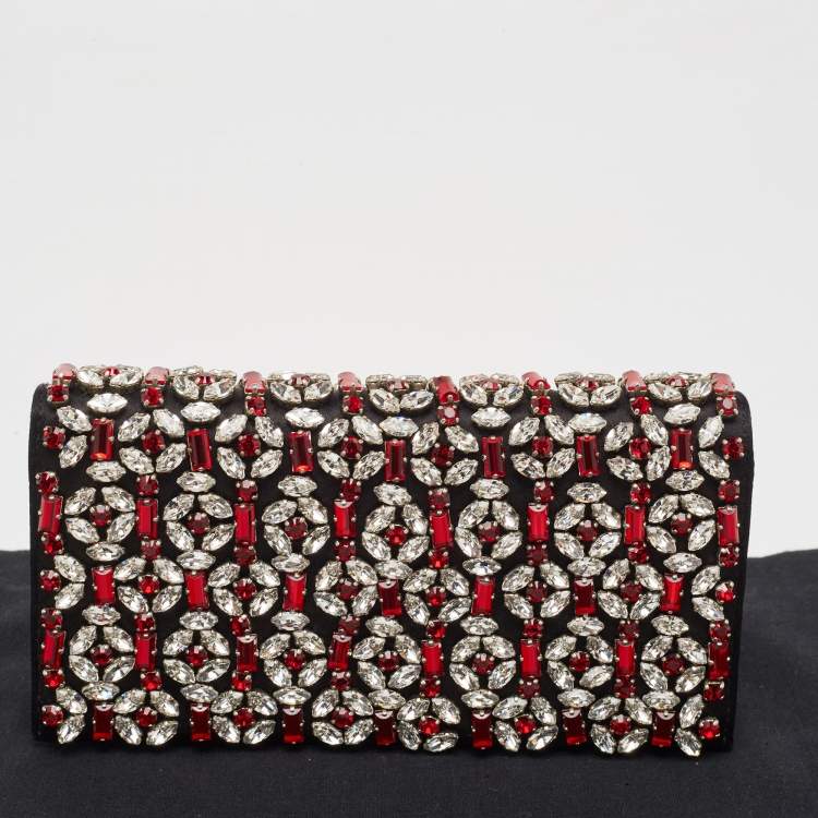 Pre Owned Prada Black/Red Satin Crystals Embellished Flap Clutch