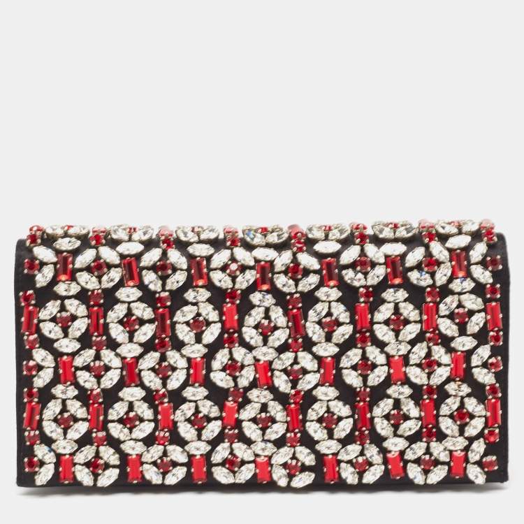Pre Owned Prada Black/Red Satin Crystals Embellished Flap Clutch