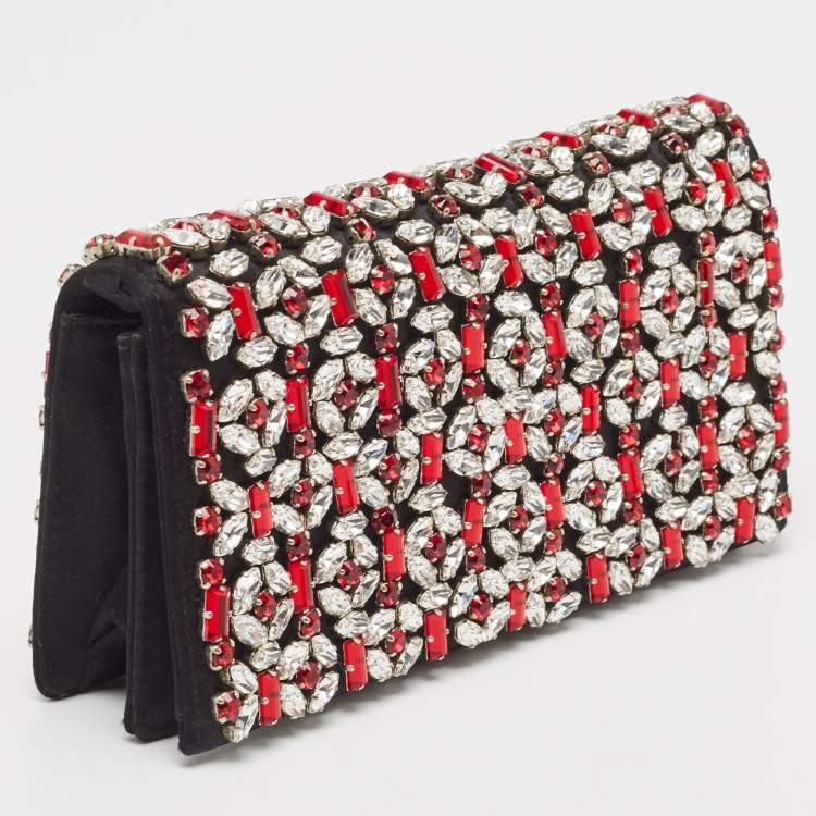 Pre Owned Prada Black/Red Satin Crystals Embellished Flap Clutch