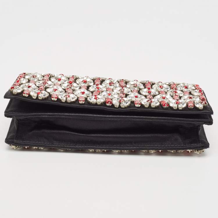 Pre Owned Prada Black/Red Satin Crystals Embellished Flap Clutch