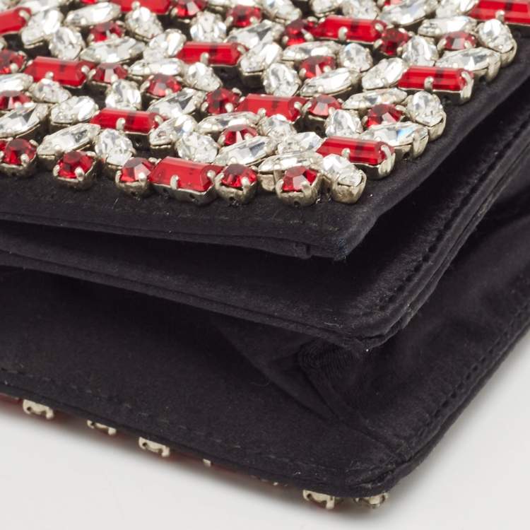 Pre Owned Prada Black/Red Satin Crystals Embellished Flap Clutch