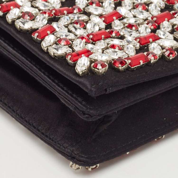 Pre Owned Prada Black/Red Satin Crystals Embellished Flap Clutch
